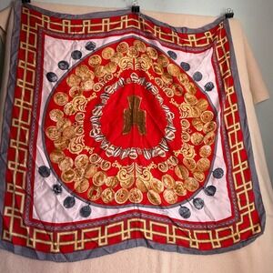 British Museum Coin Images Silk Scarf Square Red Gold Grey 36" square
